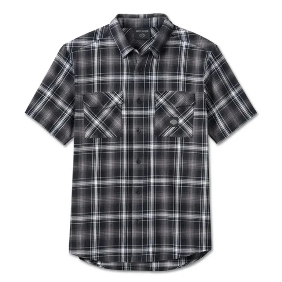Harley Davidson - Back White Plaid Short Sleeve Button Down Shirt Size Large